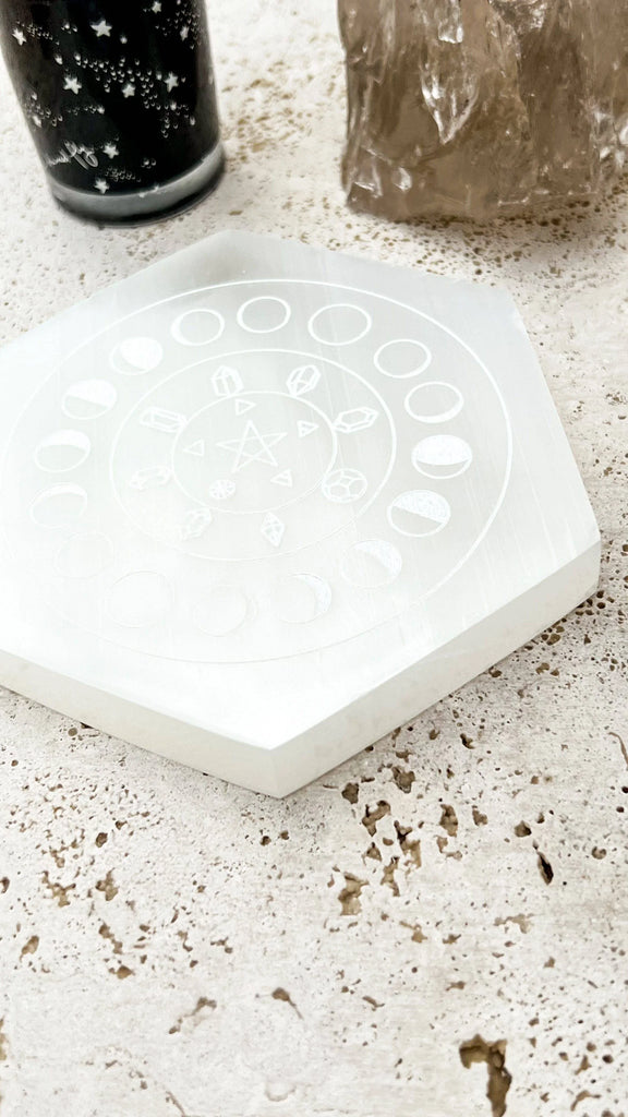 Selenite Hexagon Charging Plate | Phases of the Moon | Large - Unearthed Crystals