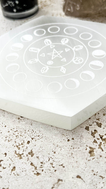 Selenite Hexagon Charging Plate | Phases of the Moon | Large - Unearthed Crystals