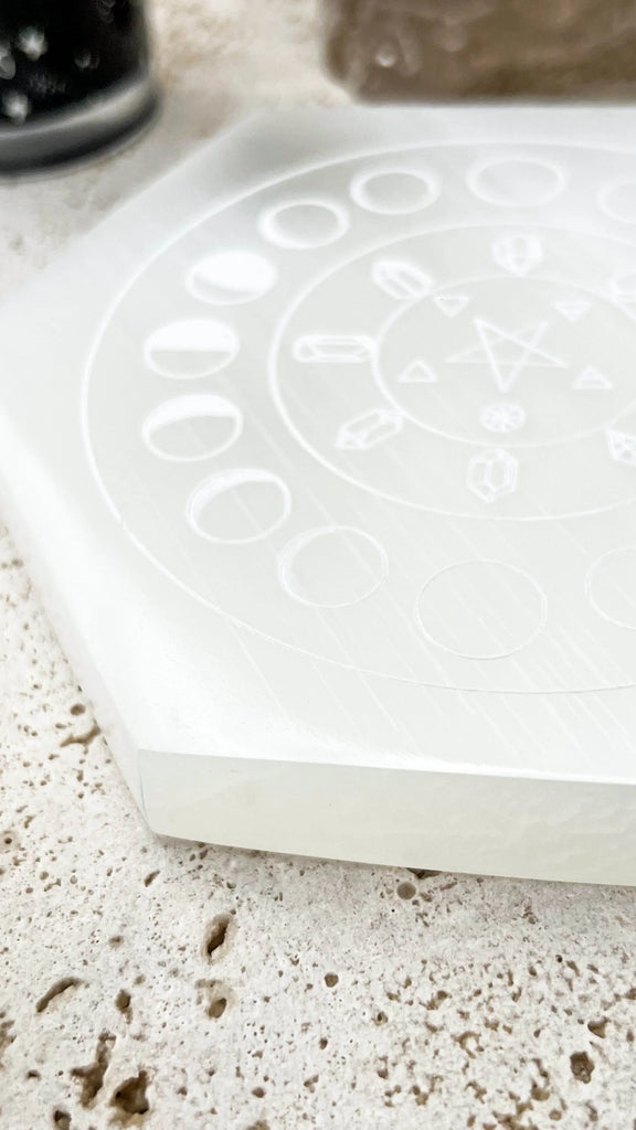 Selenite Hexagon Charging Plate | Phases of the Moon | Large - Unearthed Crystals