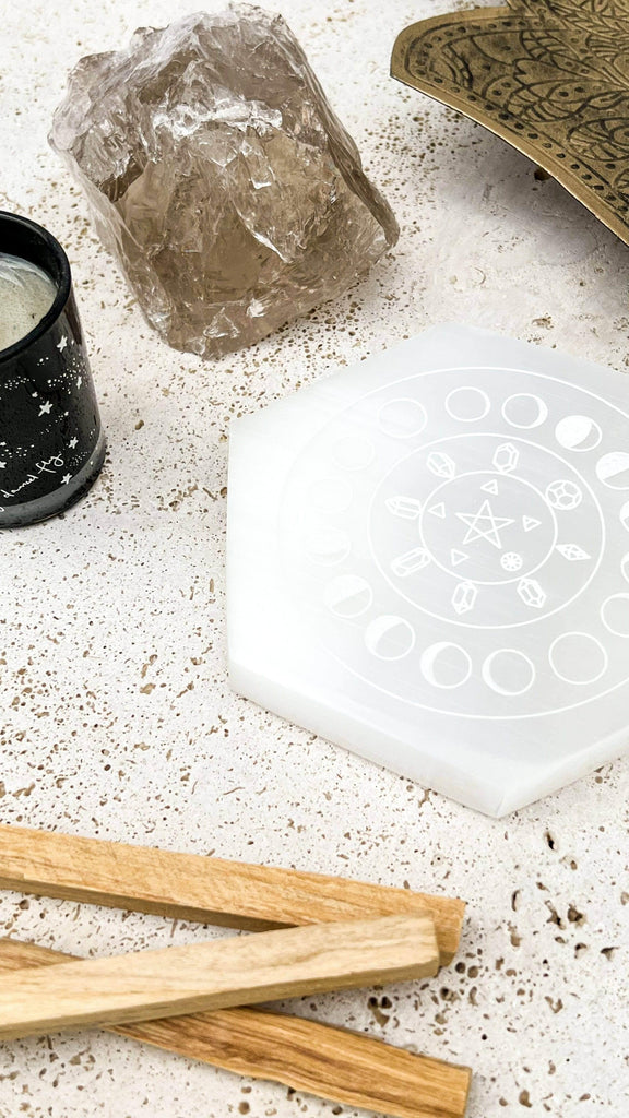 Selenite Hexagon Charging Plate | Phases of the Moon | Large - Unearthed Crystals