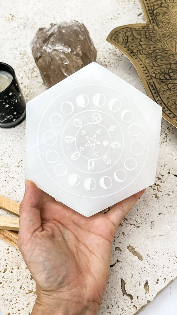 Selenite Hexagon Charging Plate | Phases of the Moon | Large - Unearthed Crystals