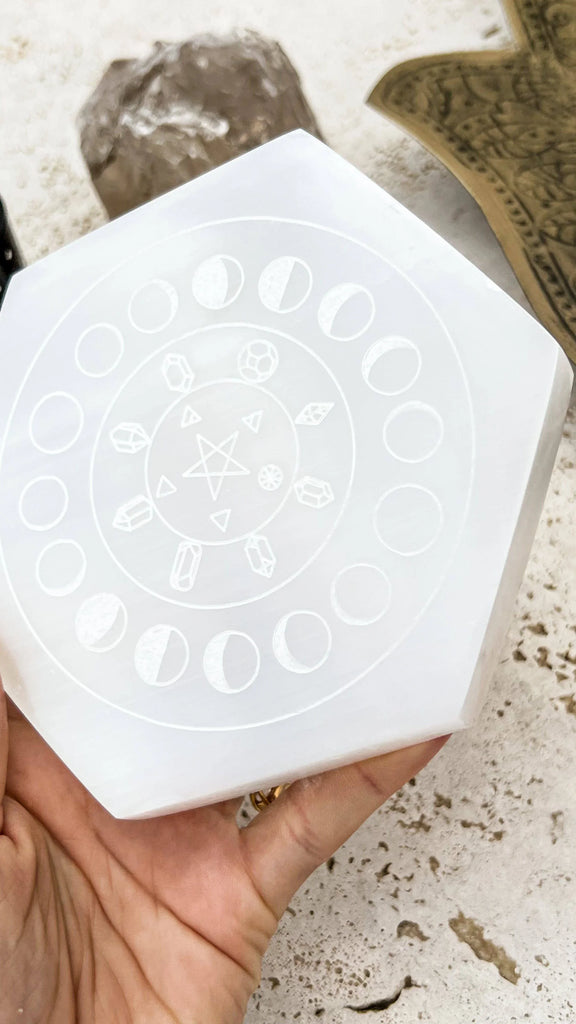 Selenite Hexagon Charging Plate | Phases of the Moon | Large - Unearthed Crystals