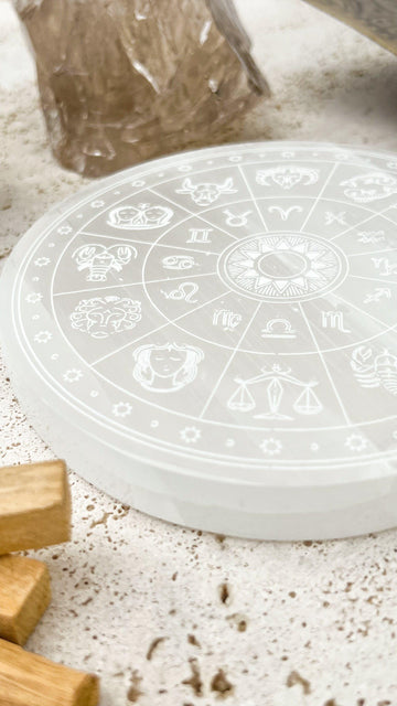 Selenite Round Charging Plate | Zodiac | Large - Unearthed Crystals