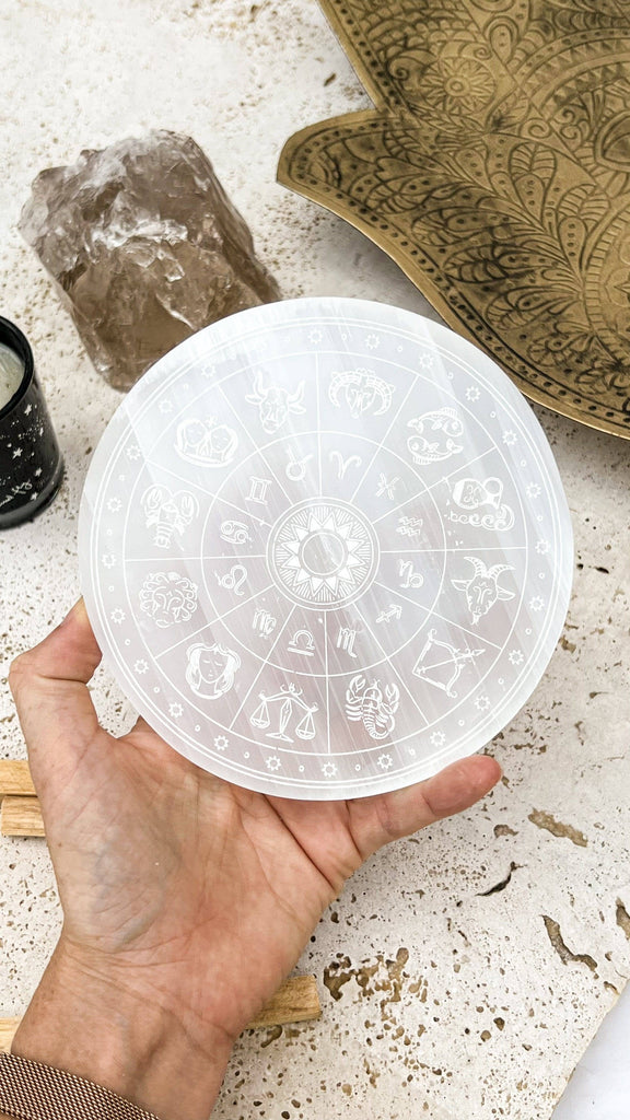 Selenite Round Charging Plate | Zodiac | Large - Unearthed Crystals