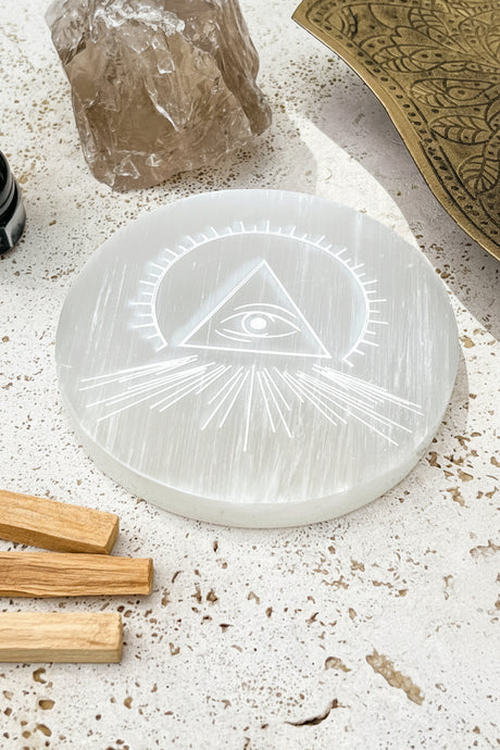 Selenite Round Charging Plate | All Seeing Eye | Large - Unearthed Crystals