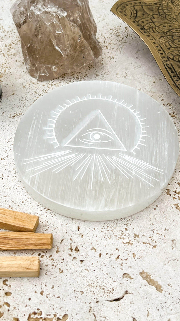 Selenite Round Charging Plate | All Seeing Eye | Large - Unearthed Crystals
