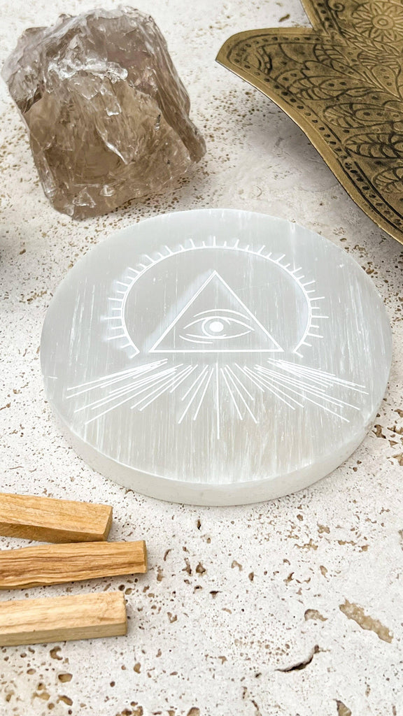 Selenite Round Charging Plate | All Seeing Eye | Large - Unearthed Crystals