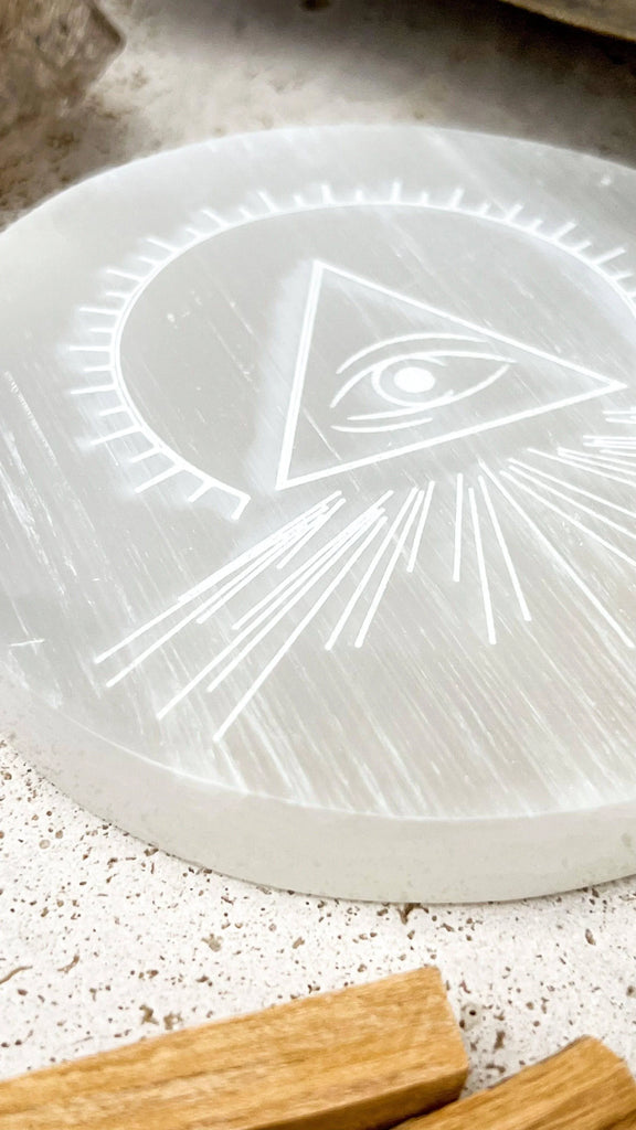 Selenite Round Charging Plate | All Seeing Eye | Large - Unearthed Crystals