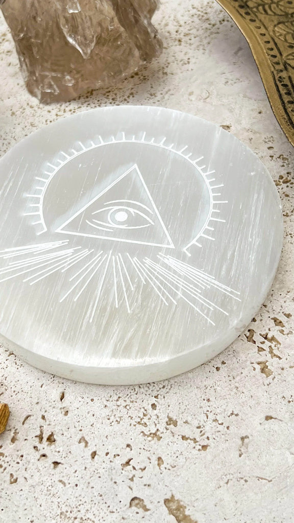 Selenite Round Charging Plate | All Seeing Eye | Large - Unearthed Crystals