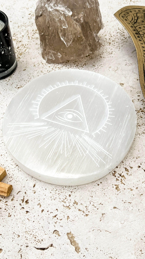 Selenite Round Charging Plate | All Seeing Eye | Large - Unearthed Crystals