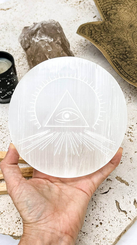 Selenite Round Charging Plate | All Seeing Eye | Large - Unearthed Crystals