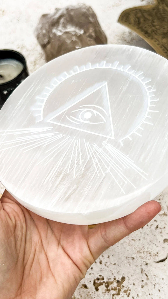 Selenite Round Charging Plate | All Seeing Eye | Large - Unearthed Crystals