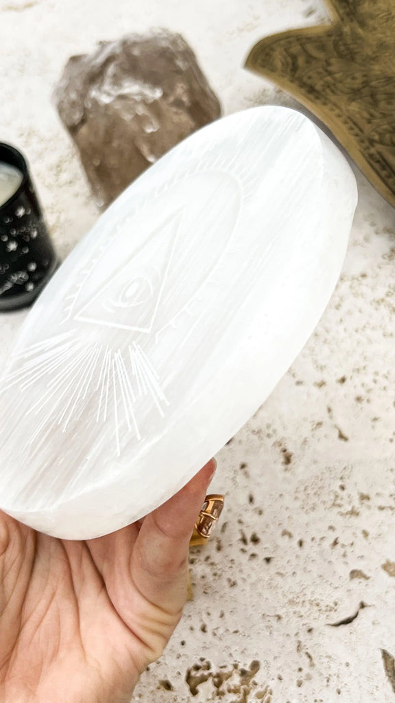 Selenite Round Charging Plate | All Seeing Eye | Large - Unearthed Crystals