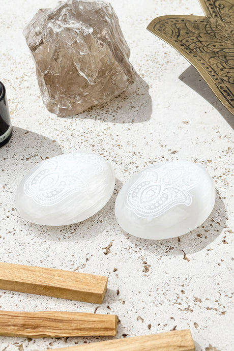 Selenite Palm Stone | Hamsa Etching - Unearthed Crystals