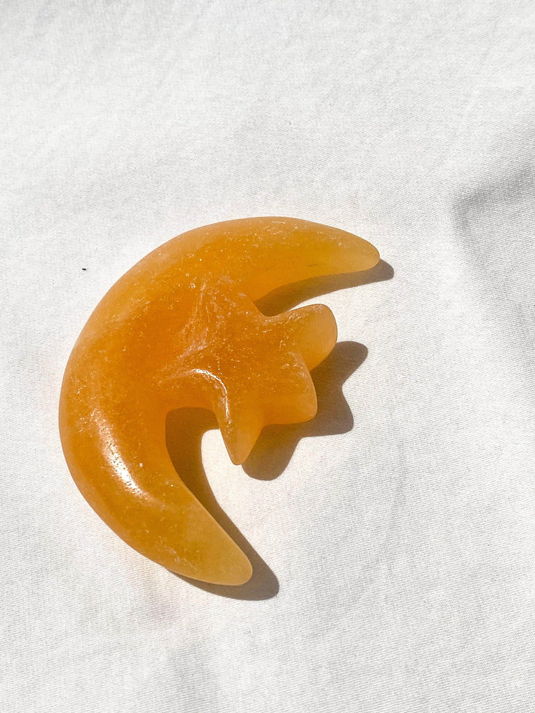 Orange Calcite Moon and Star Carving - Unearthed Crystals