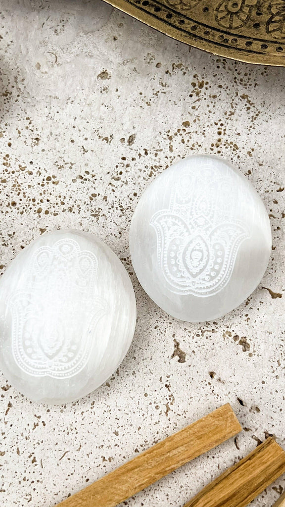 Selenite Palm Stone | Hamsa Etching - Unearthed Crystals