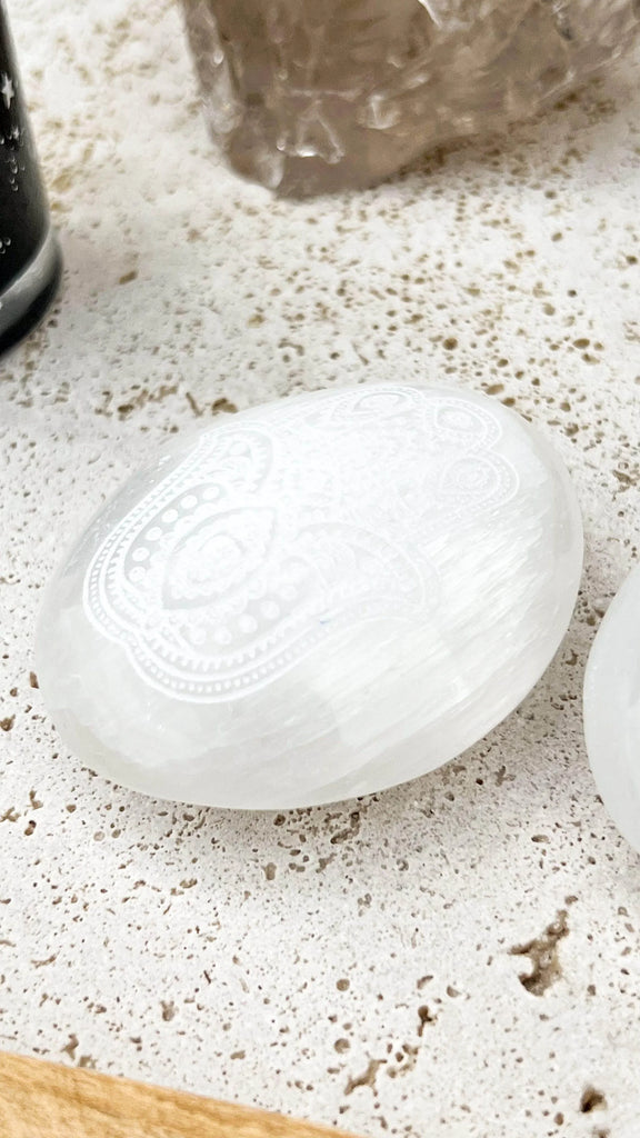 Selenite Palm Stone | Hamsa Etching - Unearthed Crystals