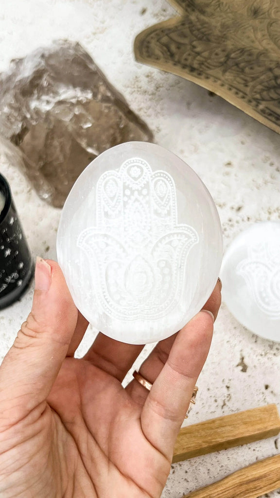 Selenite Palm Stone | Hamsa Etching - Unearthed Crystals