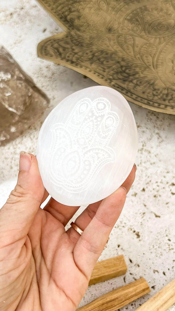 Selenite Palm Stone | Hamsa Etching - Unearthed Crystals