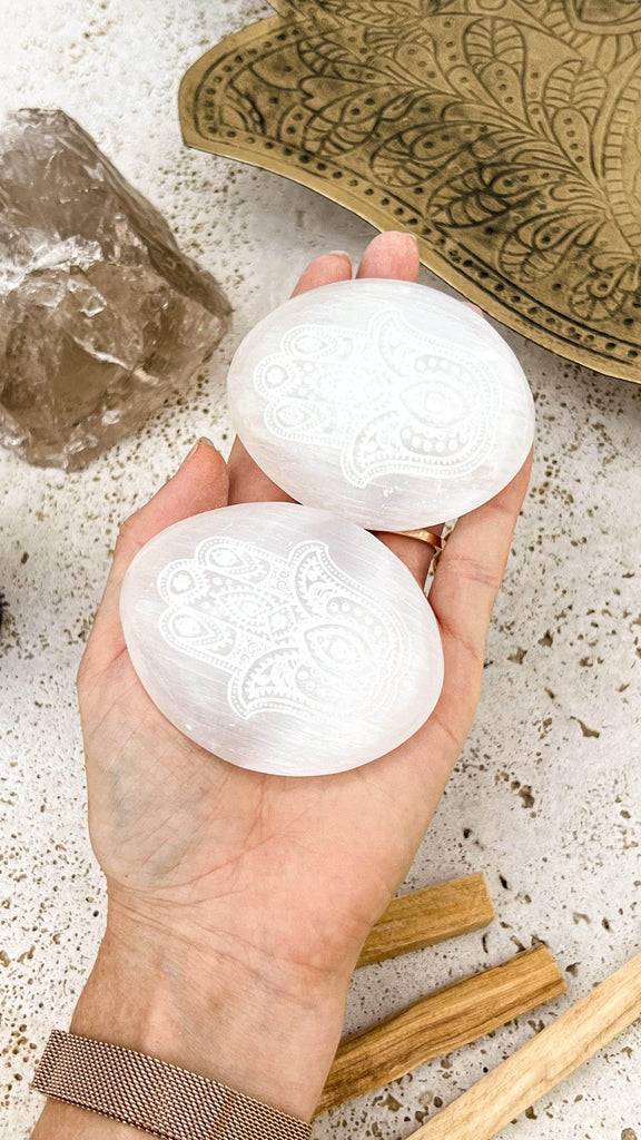 Selenite Palm Stone | Hamsa Etching - Unearthed Crystals