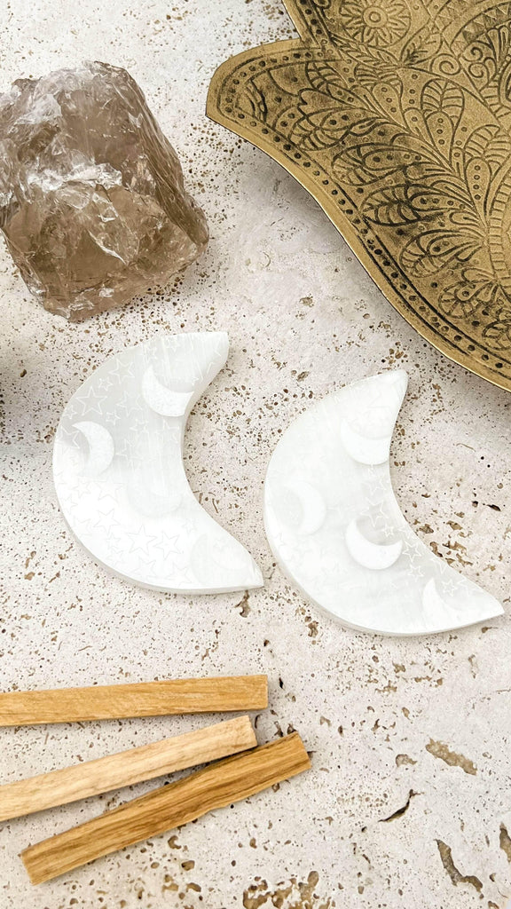 Selenite Crescent Moon Carving | Starry Night | Large - Unearthed Crystals
