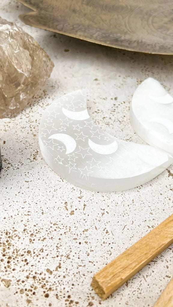 Selenite Crescent Moon Carving | Starry Night | Large - Unearthed Crystals
