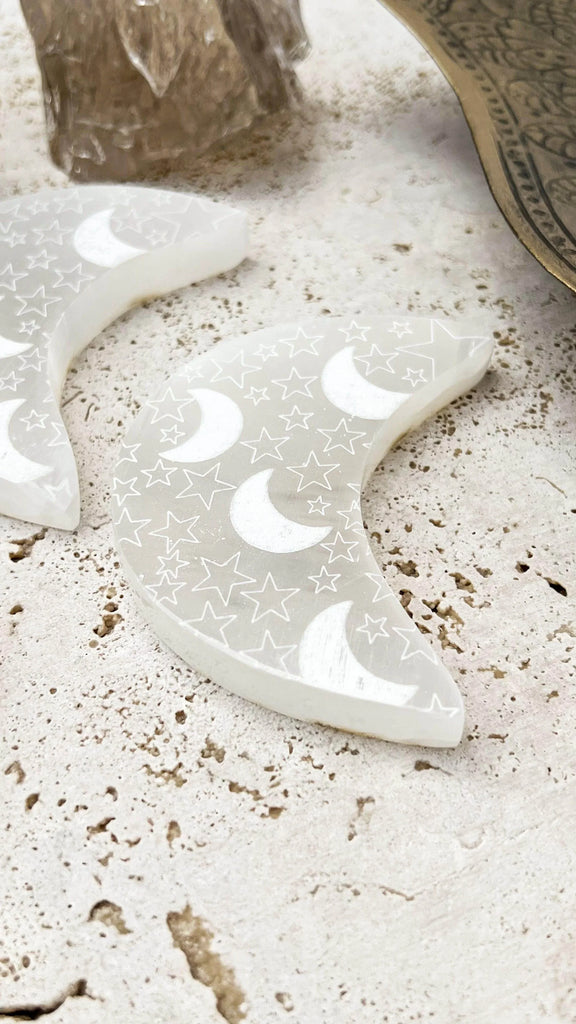 Selenite Crescent Moon Carving | Starry Night | Large - Unearthed Crystals
