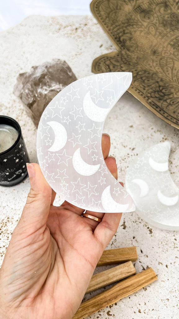 Selenite Crescent Moon Carving | Starry Night | Large - Unearthed Crystals