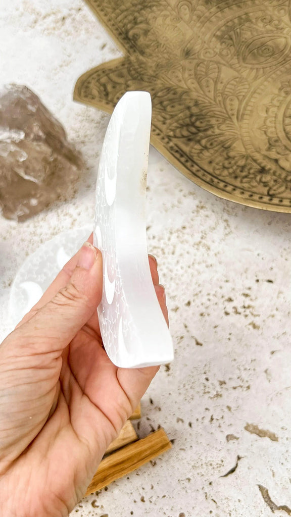 Selenite Crescent Moon Carving | Starry Night | Large - Unearthed Crystals