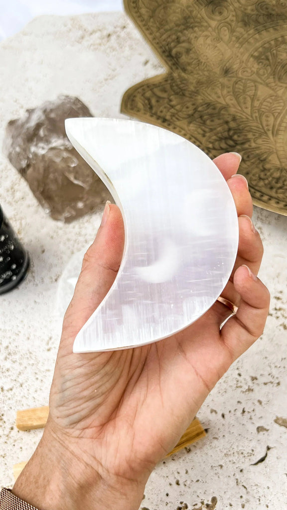 Selenite Crescent Moon Carving | Starry Night | Large - Unearthed Crystals