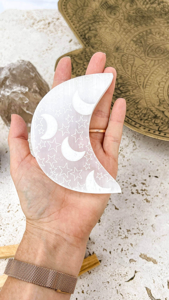 Selenite Crescent Moon Carving | Starry Night | Large - Unearthed Crystals