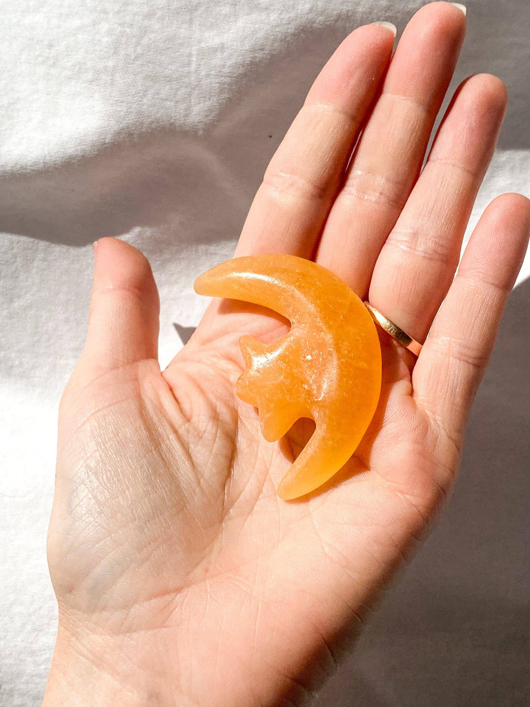 Orange Calcite Moon and Star Carving - Unearthed Crystals