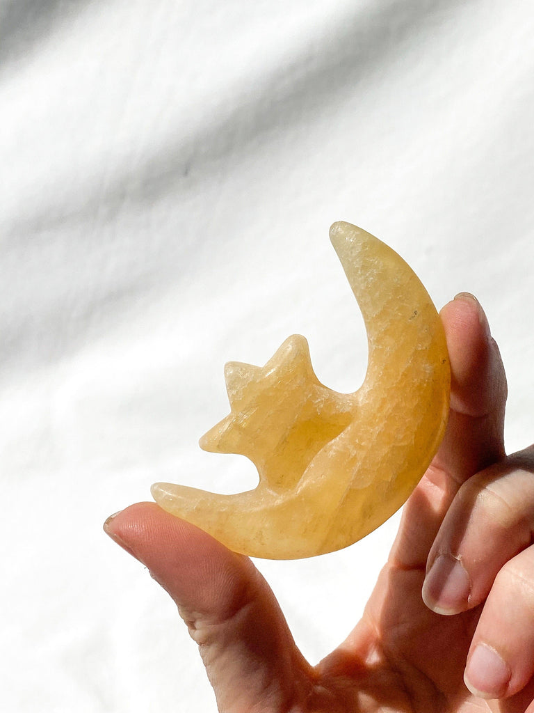 Orange Calcite Moon and Star Carving - Unearthed Crystals