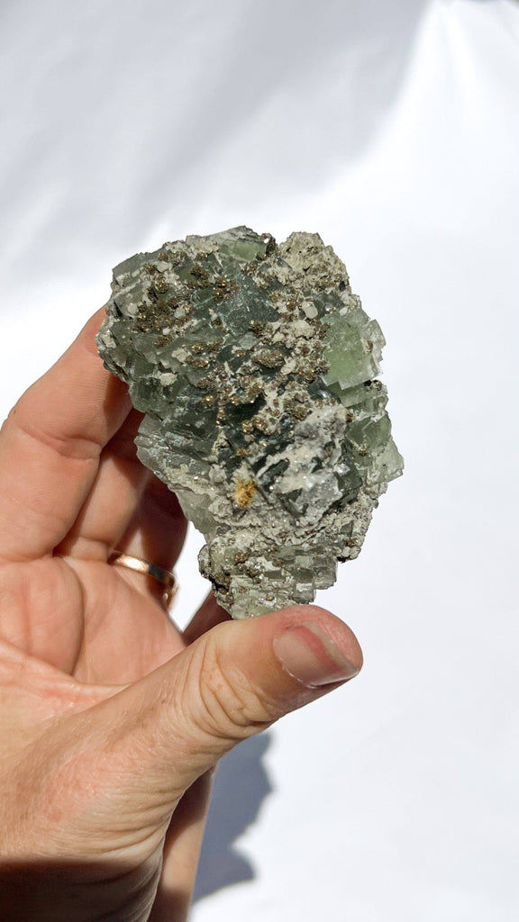 Green Fluorite with Aragonite + Pyrite Specimen - Unearthed Crystals