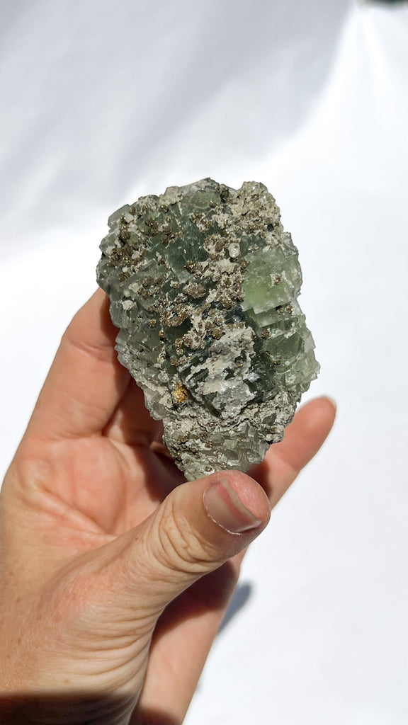 Green Fluorite with Aragonite + Pyrite Specimen - Unearthed Crystals