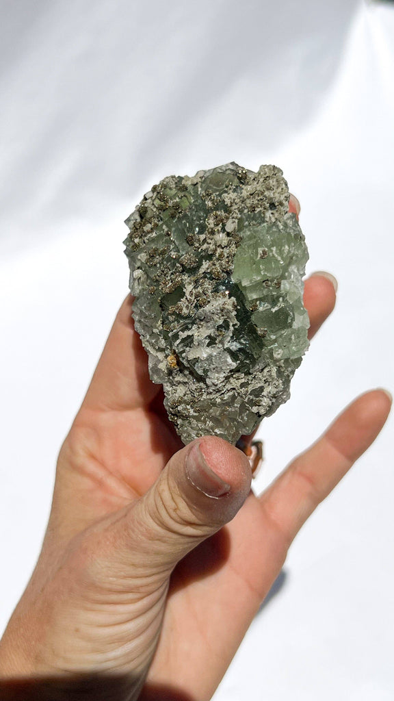 Green Fluorite with Aragonite + Pyrite Specimen - Unearthed Crystals