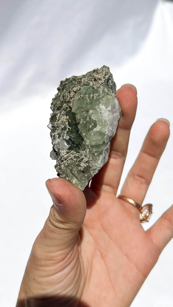 Green Fluorite with Aragonite + Pyrite Specimen - Unearthed Crystals