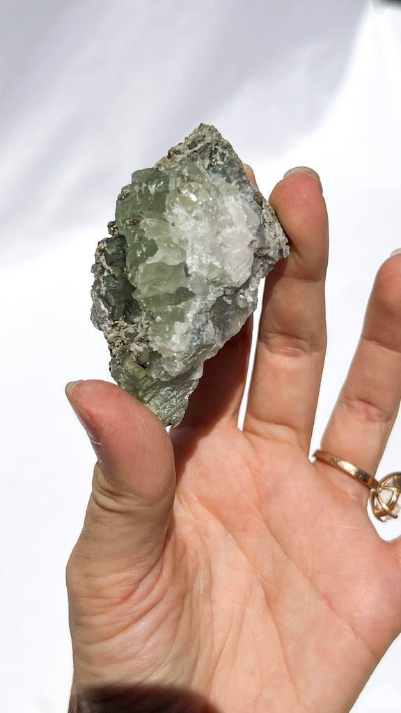 Green Fluorite with Aragonite + Pyrite Specimen - Unearthed Crystals