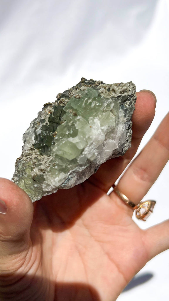Green Fluorite with Aragonite + Pyrite Specimen - Unearthed Crystals