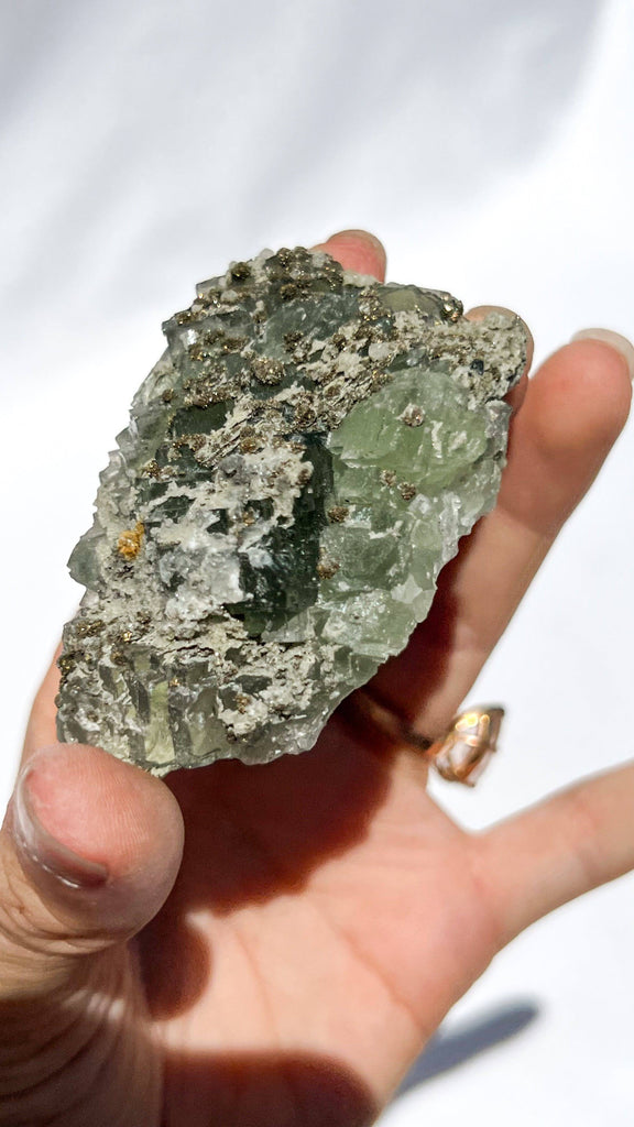 Green Fluorite with Aragonite + Pyrite Specimen - Unearthed Crystals