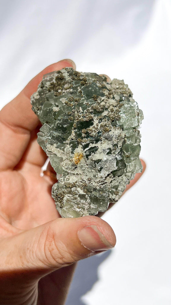 Green Fluorite with Aragonite + Pyrite Specimen - Unearthed Crystals