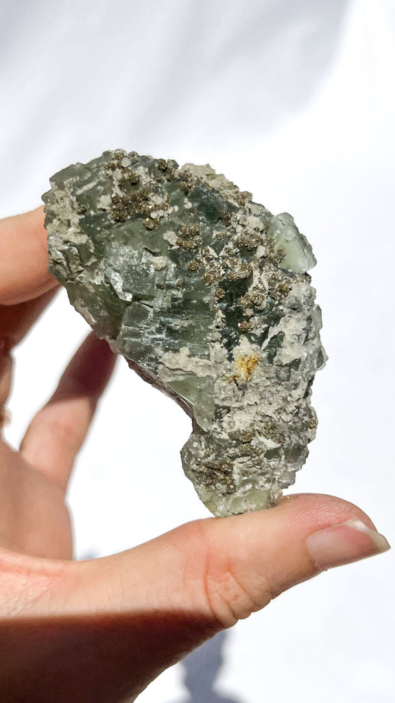 Green Fluorite with Aragonite + Pyrite Specimen - Unearthed Crystals