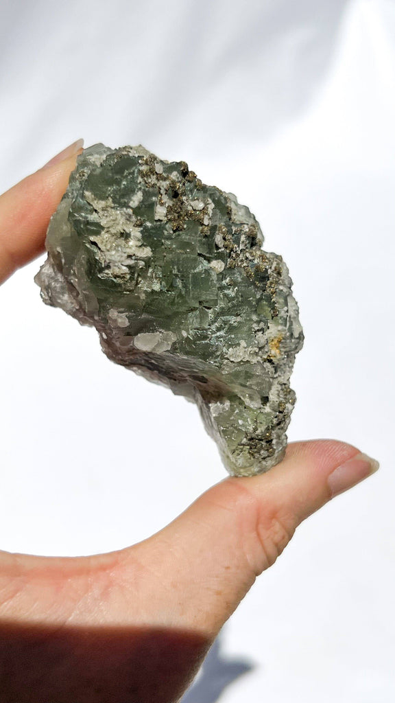 Green Fluorite with Aragonite + Pyrite Specimen - Unearthed Crystals
