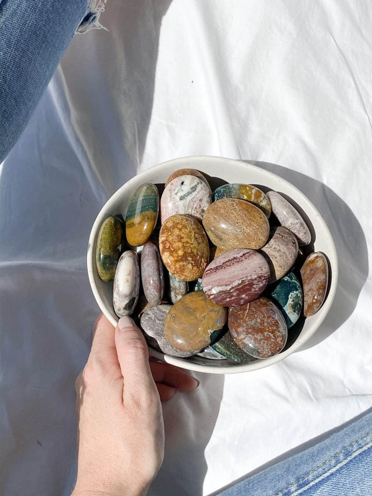 Ocean Jasper Pillow Palm Stone - Unearthed Crystals