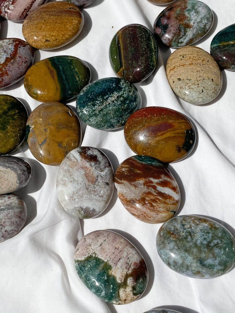 Ocean Jasper Pillow Palm Stone - Unearthed Crystals
