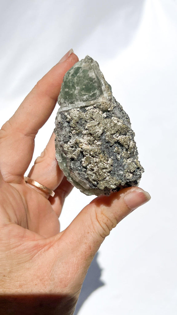 Green Fluorite with Aragonite + Pyrite Specimen - Unearthed Crystals