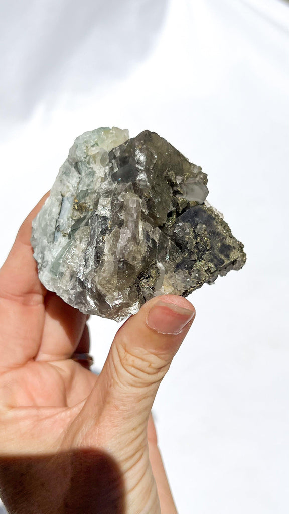 Green Fluorite with Aragonite + Pyrite Specimen - Unearthed Crystals