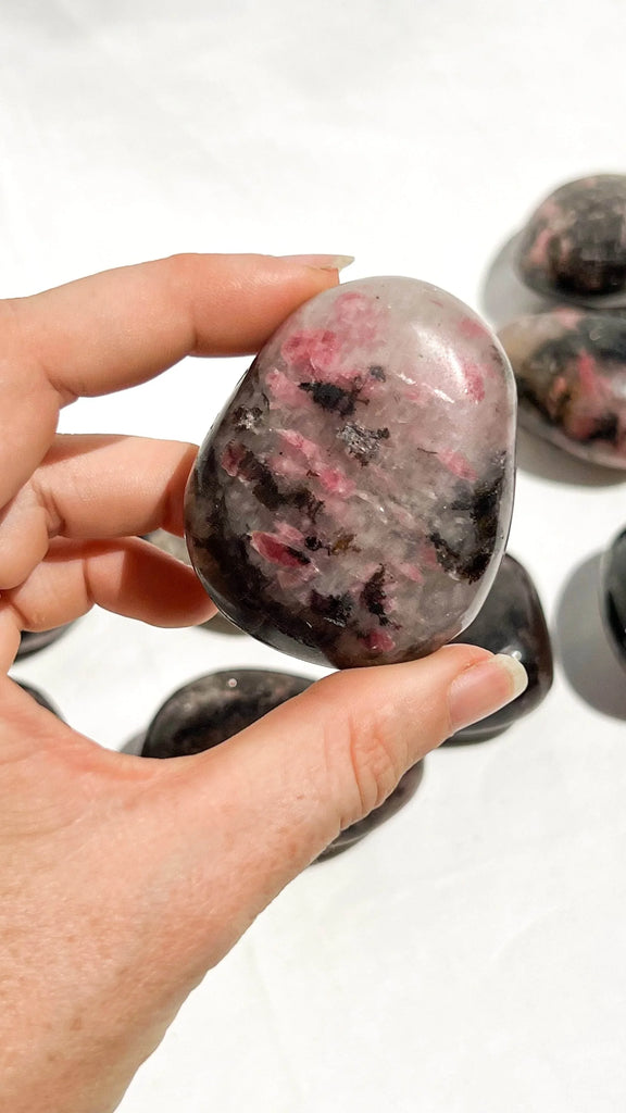 Quartz with Magnetite + Rhodonite Palm Stone | Medium - Unearthed Crystals