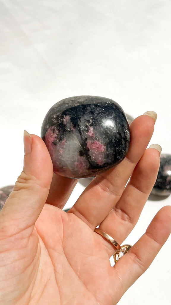 Quartz with Magnetite + Rhodonite Palm Stone | Medium - Unearthed Crystals