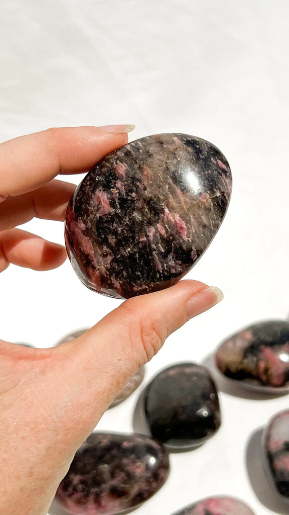 Quartz with Magnetite + Rhodonite Palm Stone | Medium - Unearthed Crystals